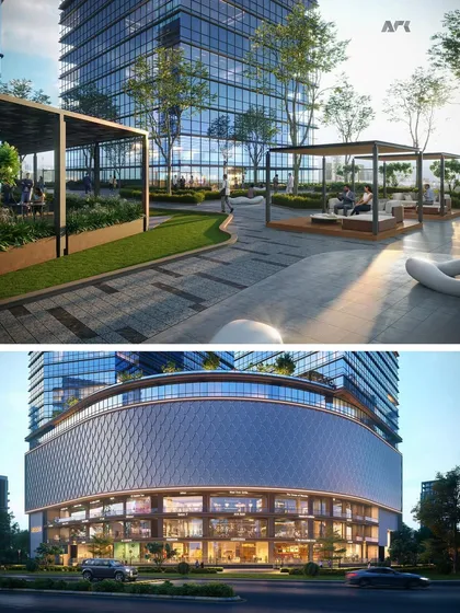 Details of the Regalia II project, showing the landscaped deck and podium levels. The design creates vibrant alfresco dining zones, blending work and leisure into one seamless experience.