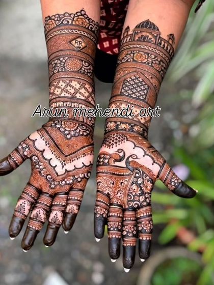 This design combines a chevron pattern on the palm with delicate peacock motifs, creating a unique and modern look.