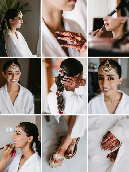 A collage capturing the bride's getting ready process, from makeup application and hairstyling to close-ups of her henna-adorned hands and feet.