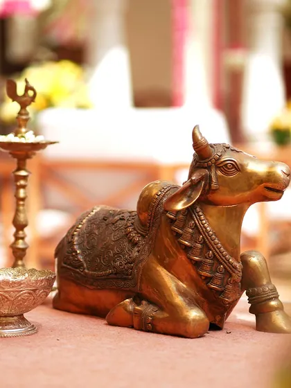 A traditional brass cow statue, a symbol of prosperity and sanctity, placed as part of the Haldi decor. I believe in honoring cultural elements with grace and style.