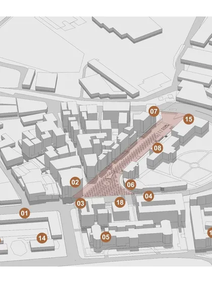 An axonometric drawing of our Kala Ghoda redesign, showing the proposed pedestrianized zone in context with the surrounding heritage buildings. Our plan respects the area's history while introducing modern urban solutions.