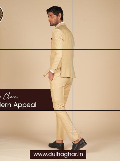 Classic charm, modern appeal. A side profile of a groom in a beige Bandhgala, showing its tailored fit.
