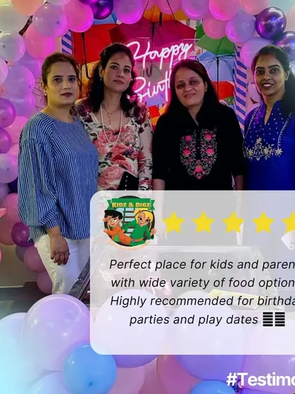 This image collage showcases a happy client's review, calling our venue the "perfect place for kids and parents with a wide variety of food options."