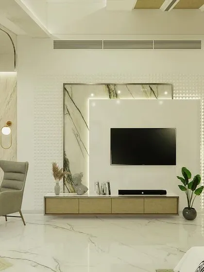 The TV unit is framed by marble and textured panels, creating a sophisticated entertainment zone within the bedroom.