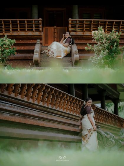 A collage of the bride posing on the steps of a traditional wooden building, showcasing her serene beauty.