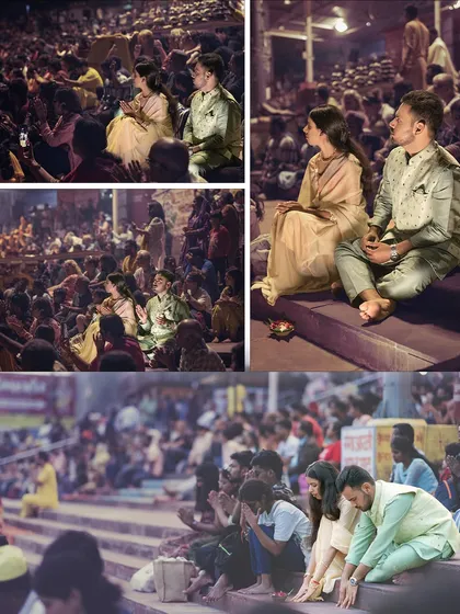 A collage capturing the couple amidst the Ganga Aarti ceremony. These photos show them as part of a larger spiritual gathering, finding a moment of personal connection and peace together.