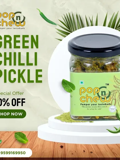 Our Green Chilli Pickle, now in a special 150gm pack. We've designed this for convenience, delivering a fiery punch in a compact jar that's perfect for adding a zesty twist to any meal.