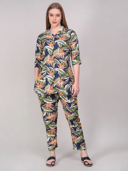 A front-facing shot of a tropical print loungewear set. This image clearly displays the pattern, fit, and style of the co-ord set for online shoppers.
