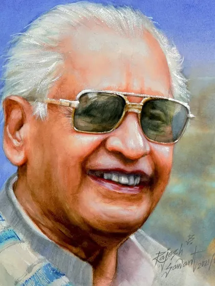 A close-up portrait of a smiling Kusumagraj from my watercolor tribute.