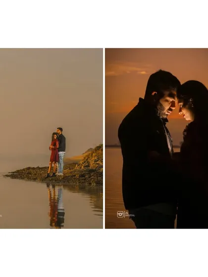 A diptych showing two different uses of sunset light. One is a wide shot with the couple reflected in the water, and the other is a tight, romantic close-up.