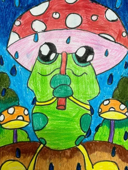 A frog sheltering from the rain under a mushroom is a classic whimsical image. We teach students to create charming scenes with a strong sense of story.