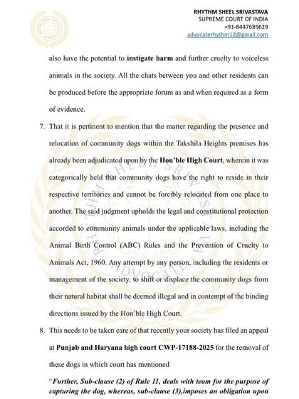 Here, the notice references a binding High Court judgment that grants community dogs the right to reside in their territories. Any attempt to displace them is not only illegal but also constitutes contempt of court.