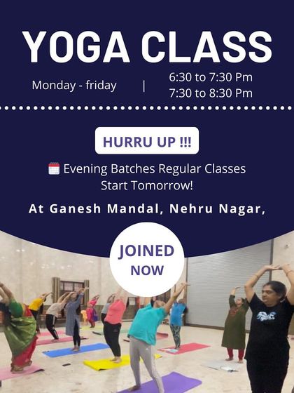 An announcement for my regular evening batches at Ganesh Mandal, Nehru Nagar. Join us to unwind after a long day.