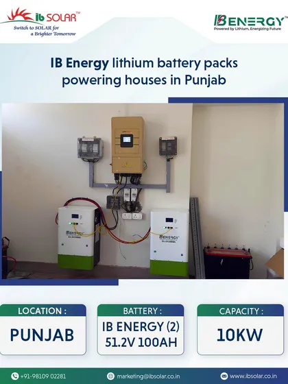 We provided a complete energy storage solution for a residence in Punjab, featuring two of our 51.2V 100AH IB Energy lithium battery packs. This 10kW system ensures an uninterrupted power supply, making the home energy-independent day and night.