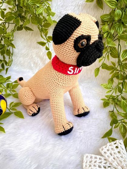 A full view of the "Simba" the pug replica doll. I used special techniques to shape his face and get his sweet, wrinkly expression just right. The collar is even personalized with his name.