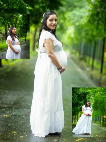 This collage highlights the beauty of a flowing white maternity gown in a natural, green setting, showing different angles and poses.