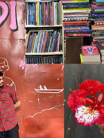 July charms encapsulated. A collage of a red wall with graffiti, bookshelves, and a vibrant red flower.