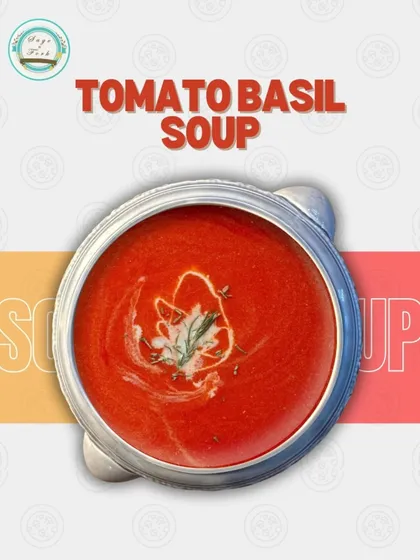 A classic Tomato Basil soup, with a swirl of cream. It's a timeless and hearty soup that everyone loves.
