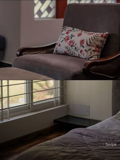 A comfortable armchair with a floral cushion sits in a quiet corner, perfect for reading or enjoying a moment of peace. The bedroom window offers a glimpse of the green landscape outside.