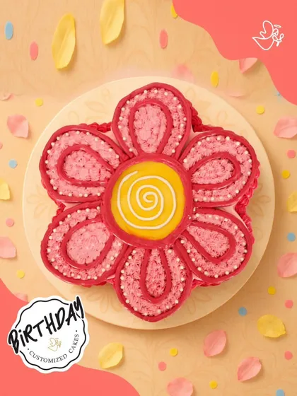 A unique flower-shaped cake with intricate pink piping. This creative design is a fun and beautiful way to celebrate a birthday or special occasion.