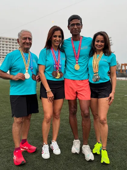 A team photo showcasing the impressive medal haul from the 45th national masters athletics championship in Bengaluru.