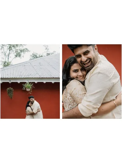 A diptych showing two happy moments. A wide shot of their embrace against a bold red wall, and a tight close up of their joyful hug.