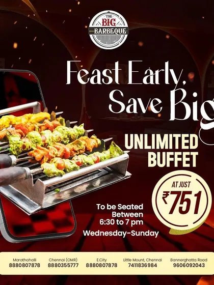 Why wait to feast? Our Early Bird offer lets you enjoy an unlimited buffet at an unbeatable price of ₹751.