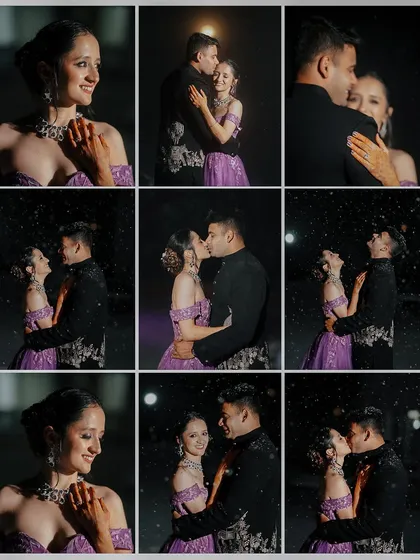 A grid collage capturing the joy and romance of a couple's engagement shoot in the snow, with multiple shots of them kissing and laughing.