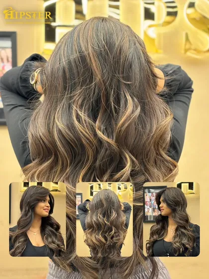 This collage showcases a client's hair transformation, featuring a beautiful color blend and cascading curls for a glamorous look.