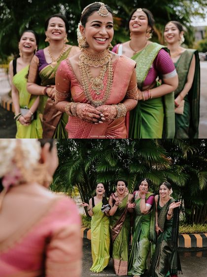 A collage of the bride, Arya, sharing a laugh with her bridesmaids. These photos celebrate the joy and support of friendship on the wedding day.