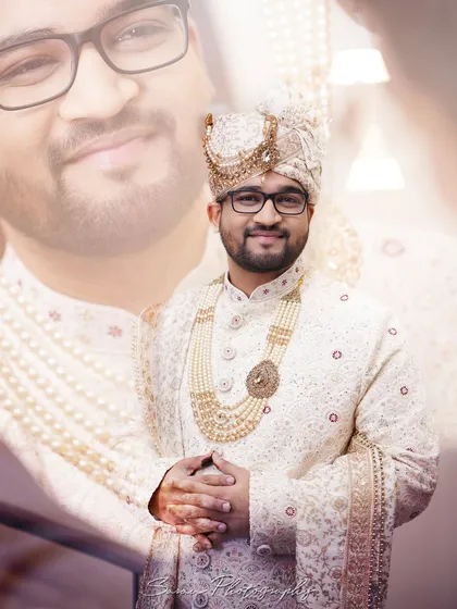 A double-exposure style portrait of the groom, blending a smiling close-up with a formal full-length shot.