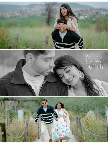 A fun and playful collage of Nischal and Adithi in a nature park, including a piggyback ride and a beautiful black-and-white close-up.