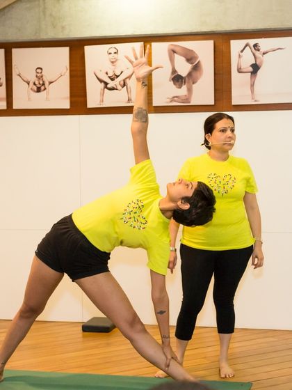 This collection of images captures the essence of my classes. You will see students of all levels using various props, receiving individual adjustments, and practicing together with focus and dedication. Each photo is a glimpse into our journey of alignment and discovery.