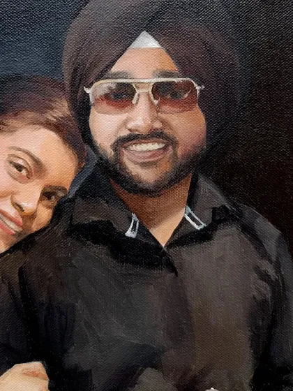 A close-up of the husband's face, capturing his smile and the reflection in his sunglasses.