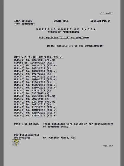 The official record of proceedings from the Supreme Court for the judgment in the Article 370 writ petitions. A historic day for the unity and integrity of India.
