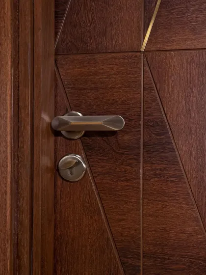A detail shot of the Natural Brown Sucupira veneer door, focusing on the handle and the clean lines of the metal inlays.