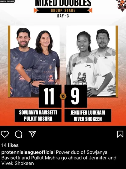 A graphic showing our mixed doubles win in the Pro Tennis League. We train our players for all formats of the game.