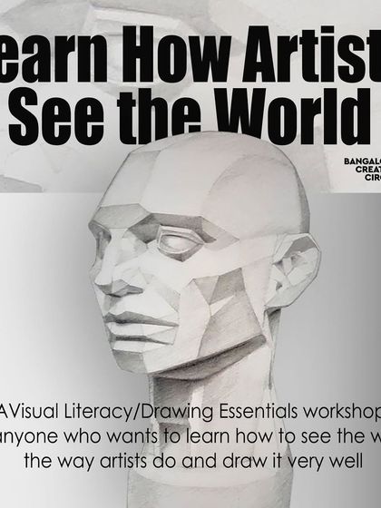 Learn how artists see the world in our Drawing Essentials workshop. This poster features a planar head study, illustrating how to think of form and underlying geometry.