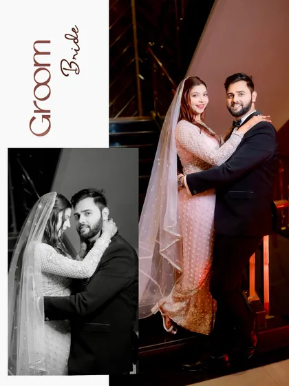 Another creative collage from Shubham and Jyoti's engagement shoot, combining a posed look with a more intimate black and white embrace.