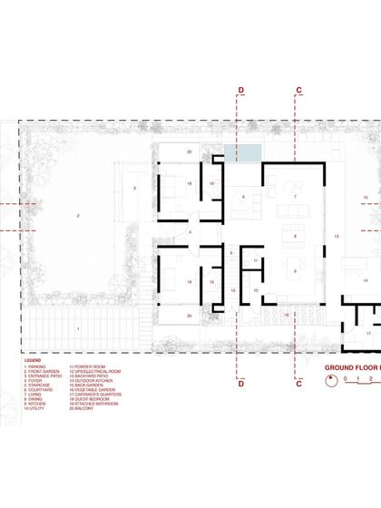The ground floor plan for the SAMAM House. This technical drawing shows the H-shaped layout with the central courtyards and the large open gardens at the front and rear.