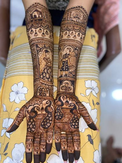 A clear shot of the bride and groom portraits from the previous design. The fine lines and shading bring the figures to life, making them the focal point of the henna.
