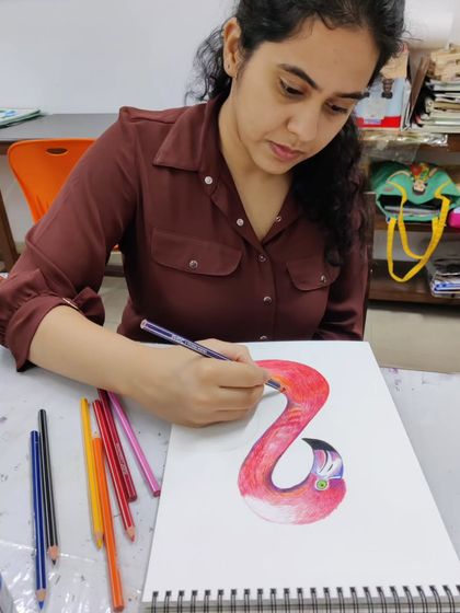 A series of images showing an adult student drawing a vibrant flamingo with color pencils, from the initial sketch to the final blended colors.