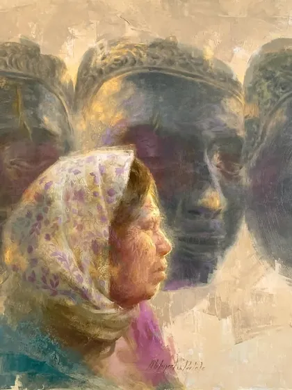The full painting "Echoes in Her Eyes," a 4x3 feet oil on canvas, exhibited at Jehangir Art Gallery.