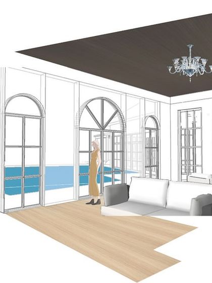 A render showing a cross-section of a bungalow design. This helps visualize the connection between the indoor and outdoor spaces, a key element in our architectural planning.