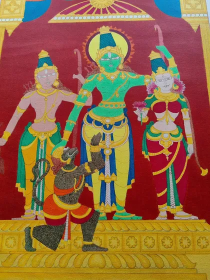 This Ram Darbar painting was a joy to create over 21 days. Capturing the grace of Ram, Sita, and Lakshman with the devotion of Hanuman is a spiritual process, resulting in a piece that brings blessings and serenity to a new home.