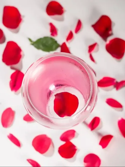 An artistic top-down shot of our Rose Day cocktail, surrounded by delicate rose petals. We focus on every detail of the presentation.