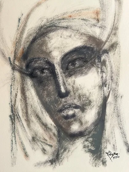 A striking portrait in acrylic and charcoal on paper, this untitled piece uses shadow and light to create a powerful, contemplative face.