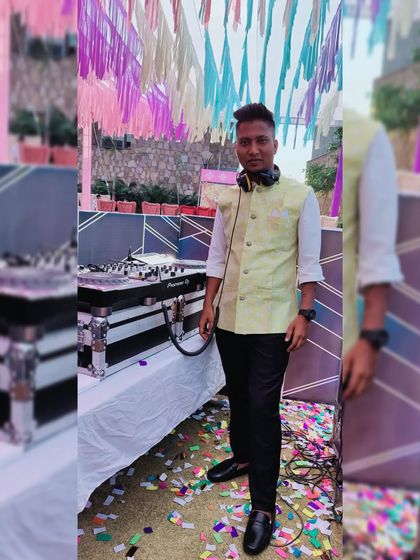 Posing for a photo after a successful Haldi ceremony set in Jaipur. The confetti on the ground is a sign of a great party.
