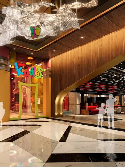 A whimsical kids' play area and entrance within a larger cinema complex. The design features playful shapes, bright colors, and beloved characters, creating a fun and welcoming space for families.