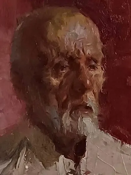 A detailed close-up of the finished portrait from the Pune demonstration. This view highlights the thick, impasto texture and the way light catches on the layered oil paint to define the subject's features.